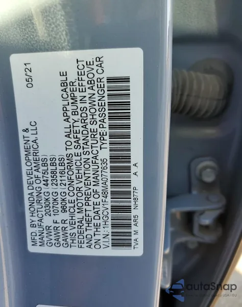 2021 Honda Accord Sport Se z USA, uszkodzony, nr VIN 1HGCV1F48MA077635